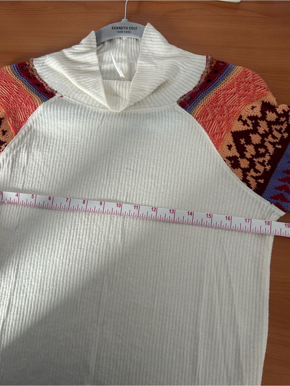 Free People Cream Cowl Neck Sweater with Colorful Patterned Sleeves - Picture 10 of 13
